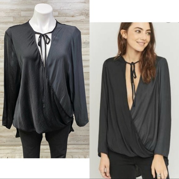 Anthropologie Tops - Anthropologie Silence + Noise Faux Wrap Top Womens Size S Black Gray Hi Lo Drape